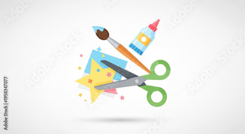 Colorful art supplies with scissors paintbrush and crayon on white background for creative hobbies