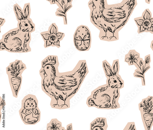 Seamless pattern of cut paper with Easter bunny, egg and flowers