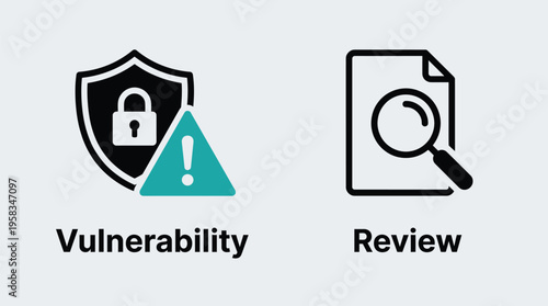 Vector graphic illustration showing vulnerability and review symbols for cybersecurity and document analysis