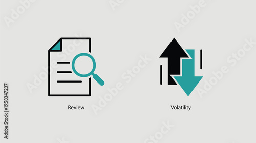 Vector graphic illustration of review and volatility icons for business concepts