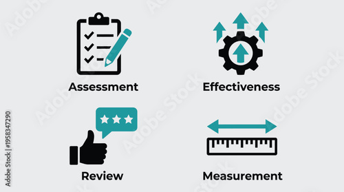 Vector graphic illustration of assessment and measurement icons for business and education use