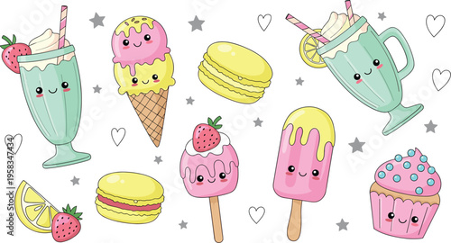 Cute kawaii desserts and drinks collection with milkshakes ice cream macarons cupcakes and popsicles cartoon vector illustration set