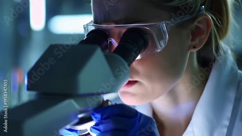 A scientist diligently examines samples under a microscope, revealing intricate details and secrets. The lab shines with bright lights, fostering discovery and curiosity.