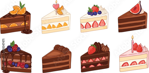 Delicious cake slices collection with chocolate strawberry orange and berry toppings colorful dessert vector illustration set