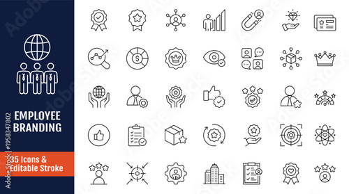 Employer Branding Icons set. Includes reputation, value proportion, retention, and more. Outline icon with Editable stroke. Vector illustration