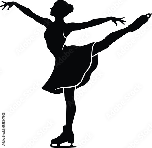 Silhouette of a female figure skater performing a graceful pose on ice skates, isolated on white background, winter sports concept.