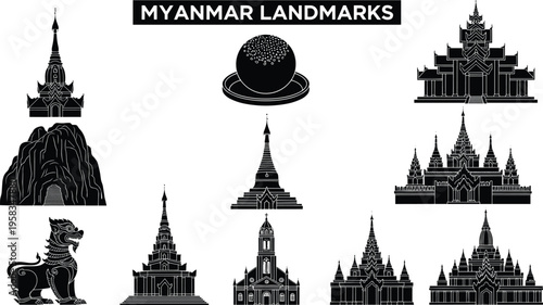 Black and white Myanmar landmarks silhouette illustration, cultural heritage artwork, pagoda temple design, traditional architecture drawing, Southeast Asia travel concept