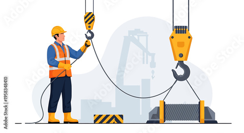 Construction worker operating a crane with heavy load.