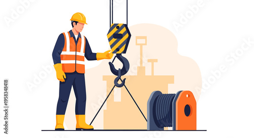 Construction worker operating a heavy duty crane hook.