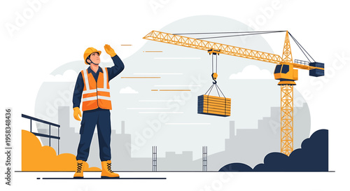 Construction worker in hard hat and vest overseeing crane lifting materials.