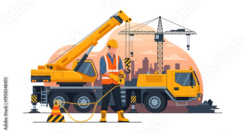 Construction worker operating a mobile crane at a building site.