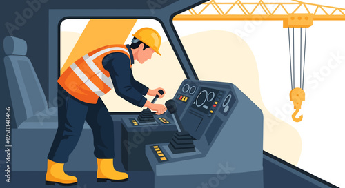 Construction worker operating heavy machinery in a crane cabin.