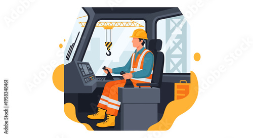Construction worker operating heavy machinery in a crane cabin.