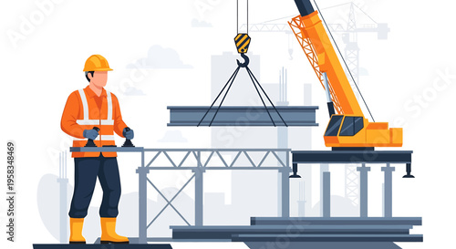 Construction worker overseeing crane lifting steel beam at building site.