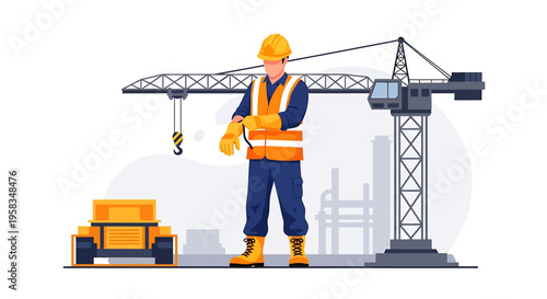 Construction worker standing near crane and heavy machinery on site.