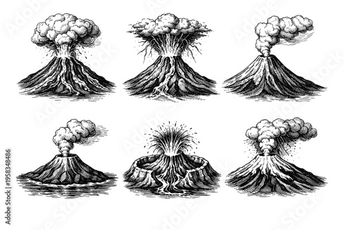 Vintage engraved volcano eruption collection in black and white natural disaster illustration style