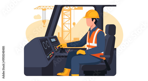 Construction worker operating heavy machinery inside a cab.