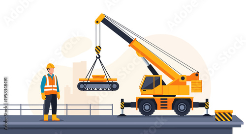 Construction worker supervises crane lifting heavy equipment at site.