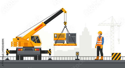 Construction worker supervises crane lifting heavy equipment at site.