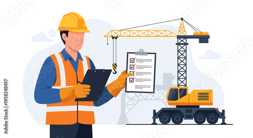 Construction worker with clipboard and crane illustration.