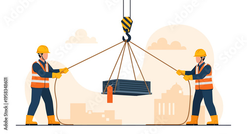 Construction workers lifting heavy load with crane teamwork.