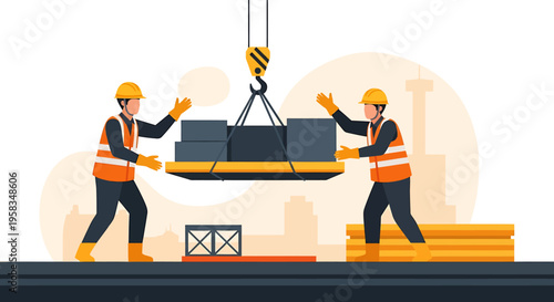 Construction workers lifting heavy load with crane.