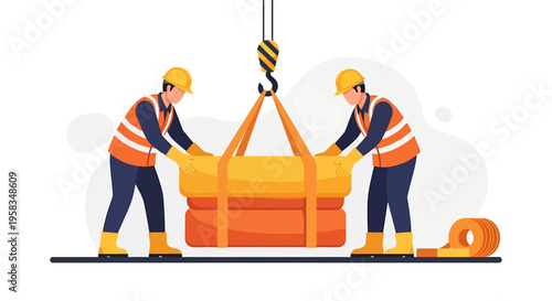 Construction workers lifting heavy load with crane safety equipment.