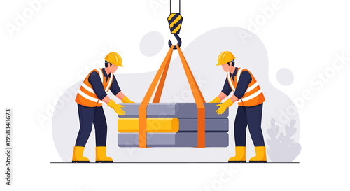 Construction workers lifting heavy materials with crane.
