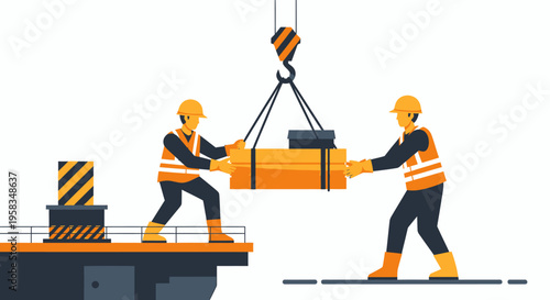 Construction workers lifting heavy object with crane on site.