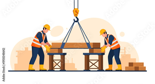 Construction workers lifting heavy wooden beams with a crane.