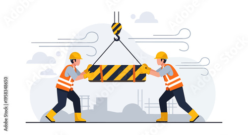 Construction workers lifting heavy object with crane.