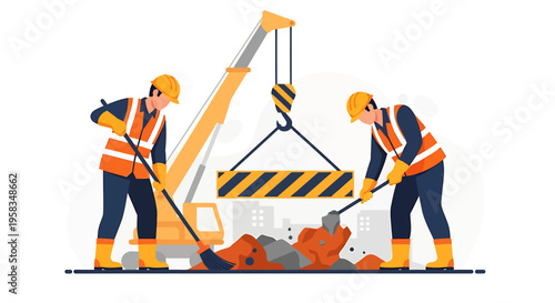 Construction workers operating a crane and digging at a site.
