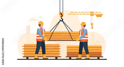 Construction workers lifting wooden planks with crane.