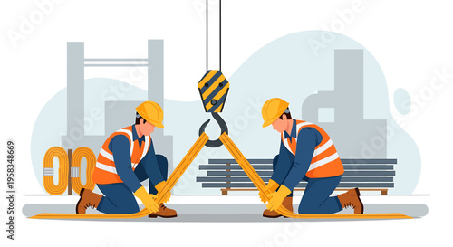 Construction workers operating a crane for heavy lifting operations.