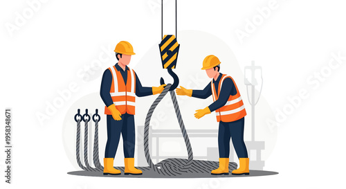 Construction workers operating a crane for heavy lifting.