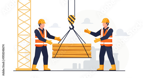 Construction workers lifting wooden planks with crane.