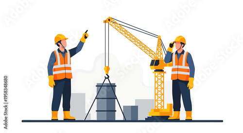 Construction workers operating a crane and lifting heavy materials on a site.