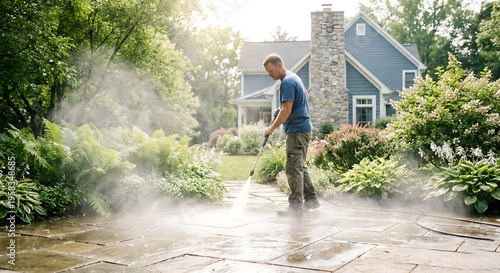 Adult White man in a blue polo and yellow boots power washing a stone patio in a lush residential garden. Outdoor home maintenance on a sunny day.
