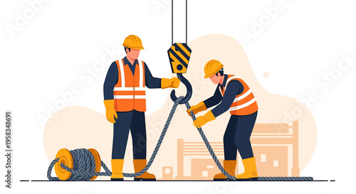 Construction workers operating a crane hook on a job site.