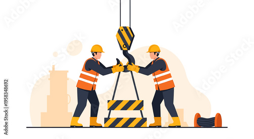 Construction workers operating a crane lifting heavy equipment.