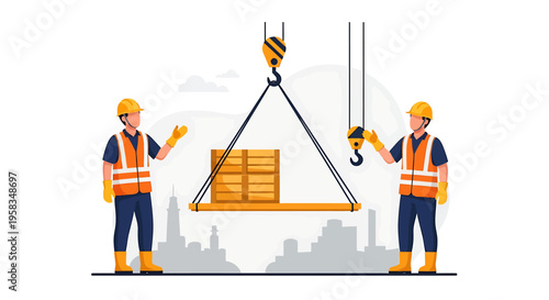 Construction workers operating a crane lifting heavy materials at a site.