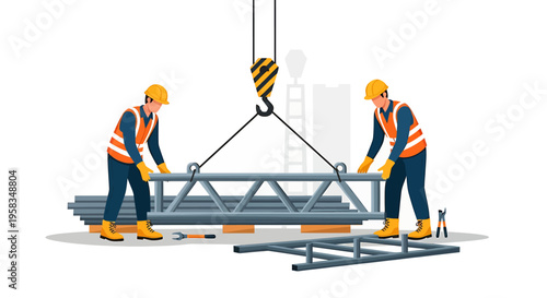 Construction workers operating a crane to lift metal beams at a site.