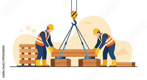 Construction workers operating a crane to lift heavy wooden beams.