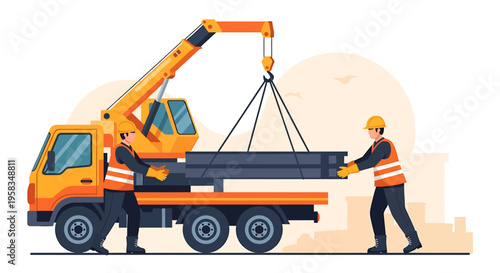Construction workers operating a crane truck lifting steel beams.
