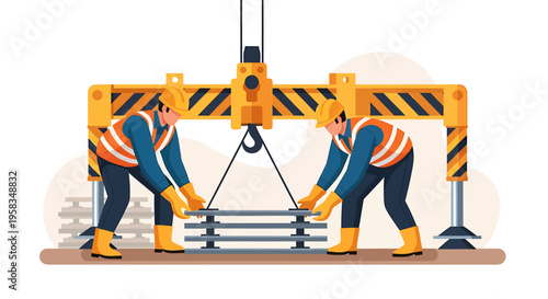 Construction workers operating a heavy duty crane lifting steel beams.