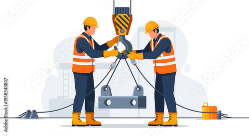 Construction workers operating a heavy lifting crane together.