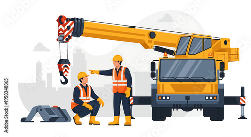 Construction workers operating a large yellow crane on a site.