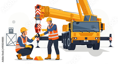 Construction workers operating a large yellow crane on a white background.