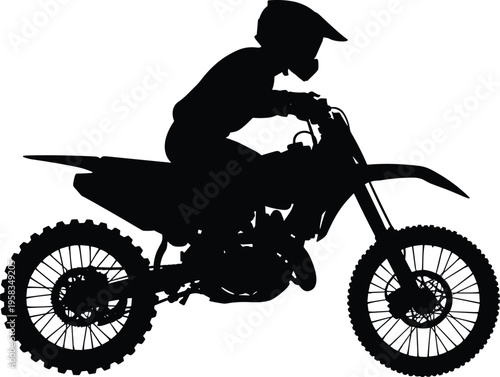 Silhouette of a professional motocross rider performing stunts on a dirt bike against a white background for extreme sports concepts.