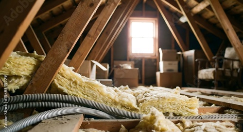 Bright professional construction of a modern residential attic crawl space featuring wooden roof trusses, yellow fiberglass insulation, and grey electrical conduits during a home renovation project.